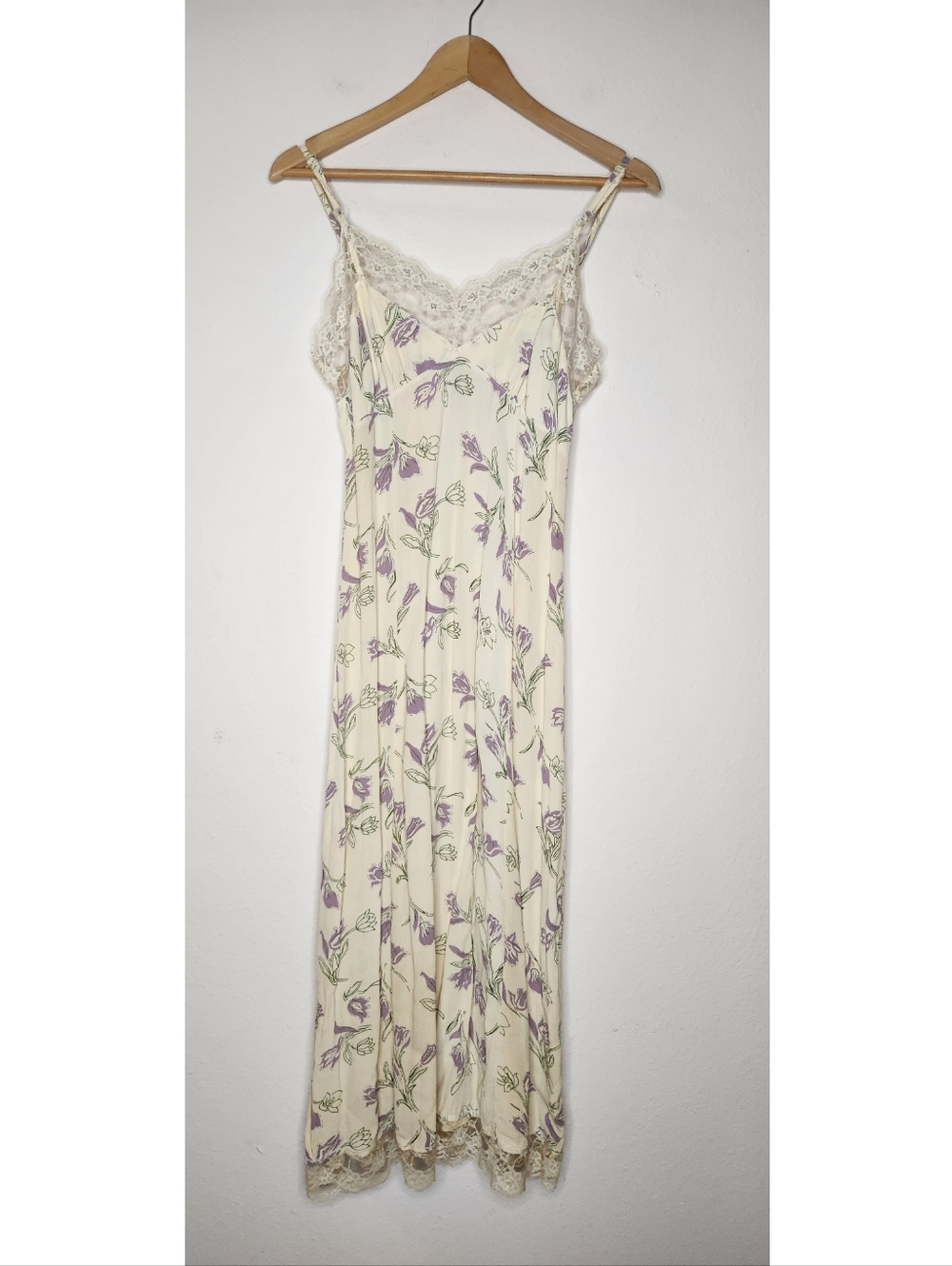 Vintage Two of Us Womens Small Yellow Rayon Floral Lace Trim Maxi Dress